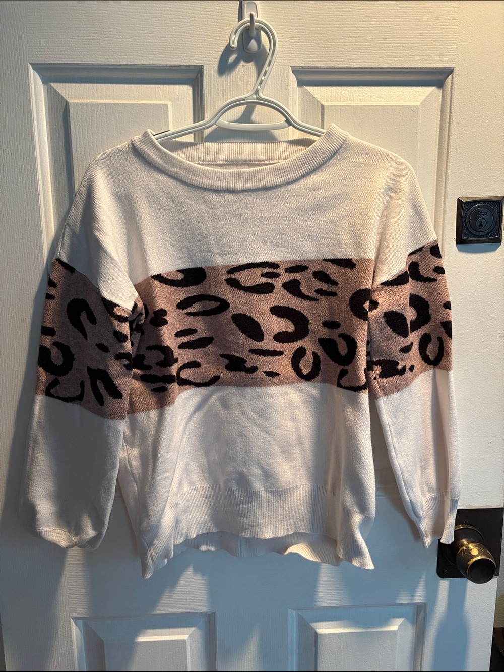 Amazon Cream Crewneck Sweater with Beige Leopard Band